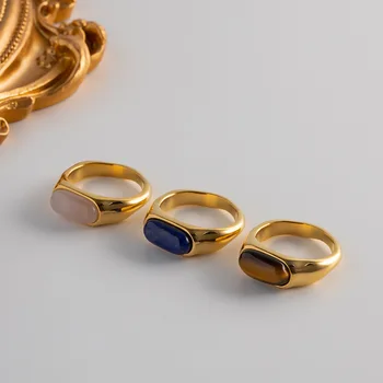 Din Oțel inoxidabil Natural Lapis Lazuli Ochi de Tigru Inel Minimalist de Culoare de Aur de Metal de Buna Degetul Creativitatea Bijuterii pentru Femei Imagine 3
