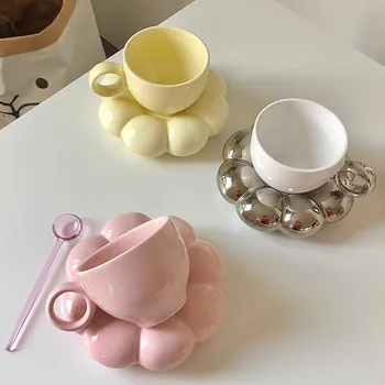 Nordic Floare Roz Din Ceramica Cana De Cafea Farfurie Reutilizabile Creative Drăguț Acasă Decorative Mic Dejun Cafea Cu Lapte Ceai Lapte Set De Ceasca Cuplu Cadou Imagine 0